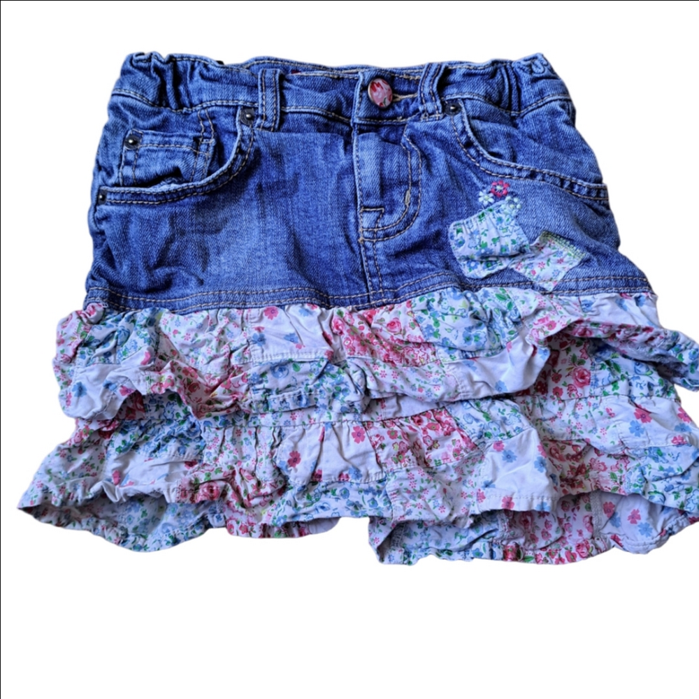 3/25$ Girls Denim Jean Skirt with Floral Ruffle Hem – Size 8
